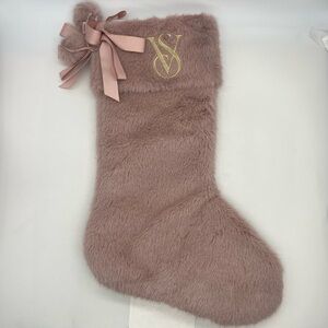 Victoria's Secret Faux Fur Christmas Stocking Pink Plush Bow Pom Pom VS Logo NWT